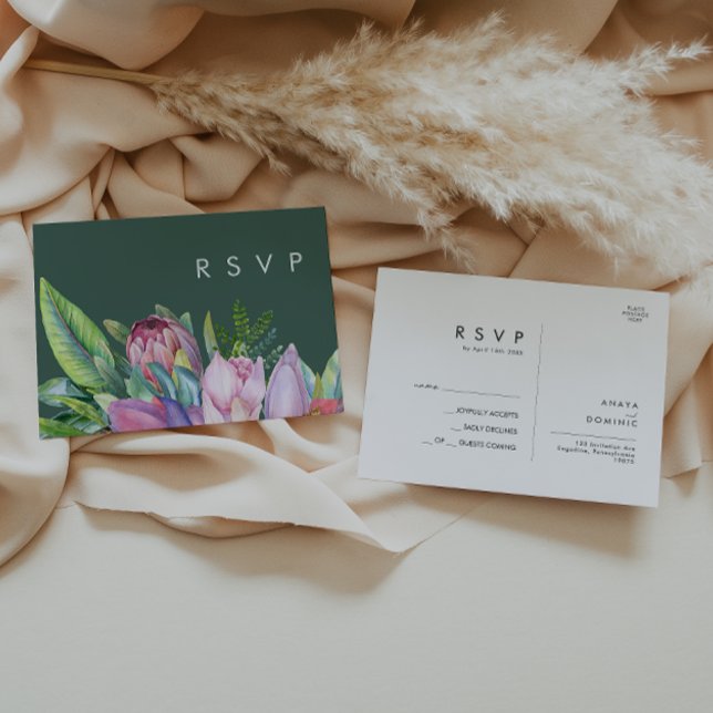 Farbenfrohe tropische Flora | Green Wedding RSVP Postkarte (Von Creator hochgeladen)
