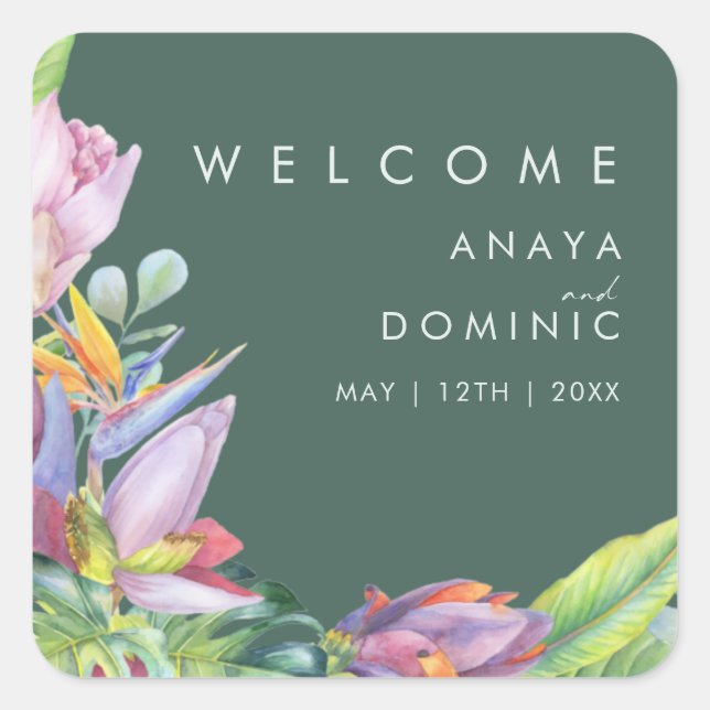 Farbenfrohe tropische Flora | Grüne Hochzeit Quadratischer Aufkleber (Vorderseite)