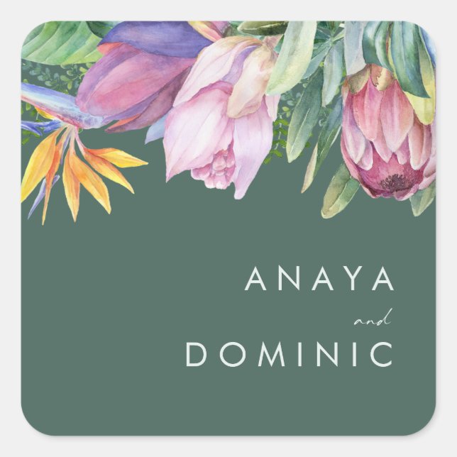 Farbenfrohe tropische Flora | Grüne Umschlag Aufkl Quadratischer Aufkleber (Vorderseite)