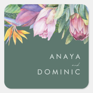 Farbenfrohe tropische Flora   Grüne Umschlag Aufkl Quadratischer Aufkleber