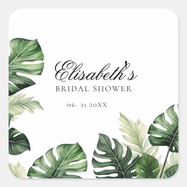 Farbenfrohe tropische Flora | Grünes Brautparty Quadratischer Aufkleber (Vorderseite)