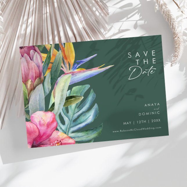 Farbenfrohe tropische Flora | Horizontal grün Save The Date (Von Creator hochgeladen)