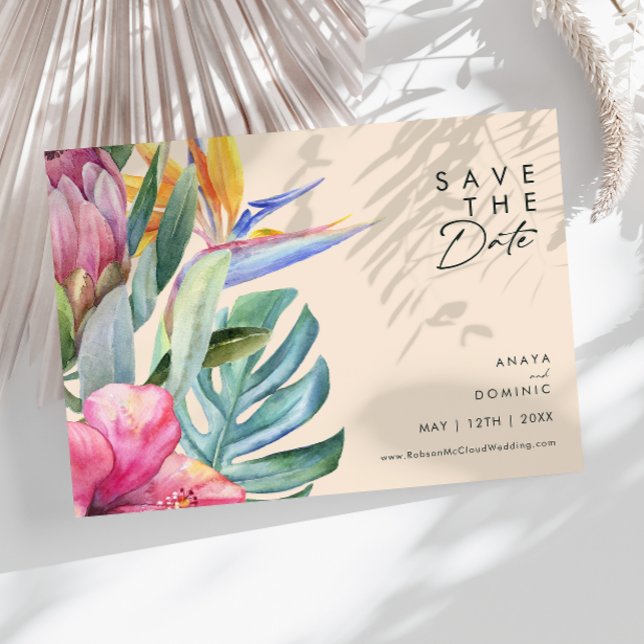 Farbenfrohe tropische Flora | Horizontal peach Save The Date (Von Creator hochgeladen)