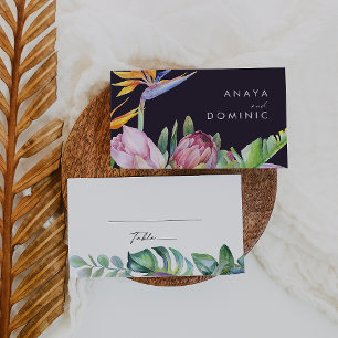 Farbenfrohe tropische Flora   Lila Hochzeit Platzkarte