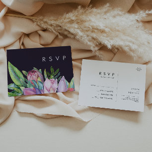 Farbenfrohe tropische Flora Lila Hochzeit RSVP Postkarte