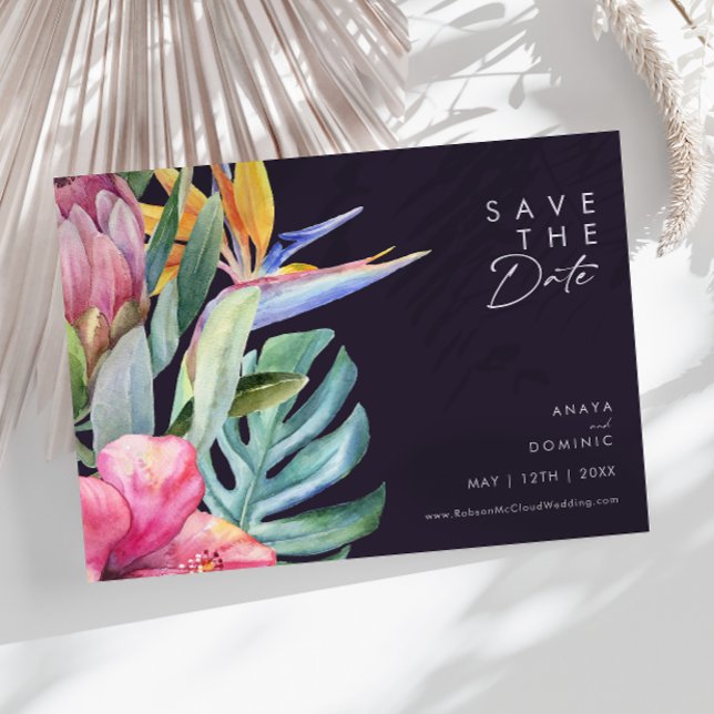 Farbenfrohe tropische Flora | Lila horizontal Save The Date (Von Creator hochgeladen)