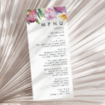Farbenfrohe tropische Flora | Menü für Hochzeiten Menükarte<br><div class="desc">Diese farbenfrohe tropische Blüte | Hochzeitsmenü ist perfekt für Ihr modernes bohisches Ziel, grün, lila, pfirsichfarben Hochzeit. Das Design besticht durch ein elegantes Bouquet mit klassischem Aquarell und Blume, zu denen u.a. Salbeigrün Eukalyptus, Lila und Rot Protea, rot-rosa Hibiskus, Orange und Blau des Paradieses und dunkelgrüne Palmenblätter zählen. Das Design...</div>