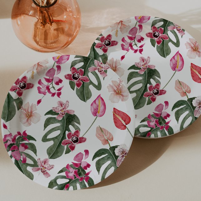 Farbenfrohe tropische Flora Pappteller (Colorful Tropical Floral Paper Plates by Painted Paperie
)