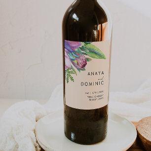 Farbenfrohe tropische Flora   Peach Wedding Weinetikett