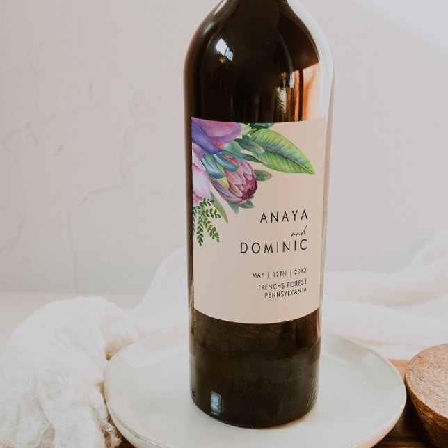 Farbenfrohe tropische Flora | Peach Wedding Weinetikett (Von Creator hochgeladen)