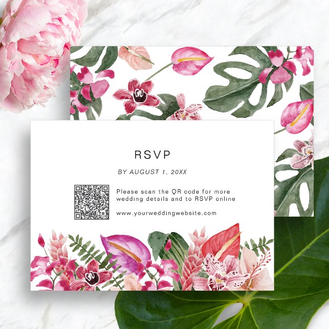 Farbenfrohe tropische Flora RSVP Karte (Colorful Tropical Floral RSVP Card QR Code by Painted Paperie
)