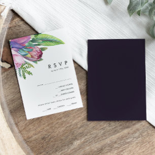 Farbenfrohe tropische Flora   UAWG zur Lila Menüau RSVP Karte