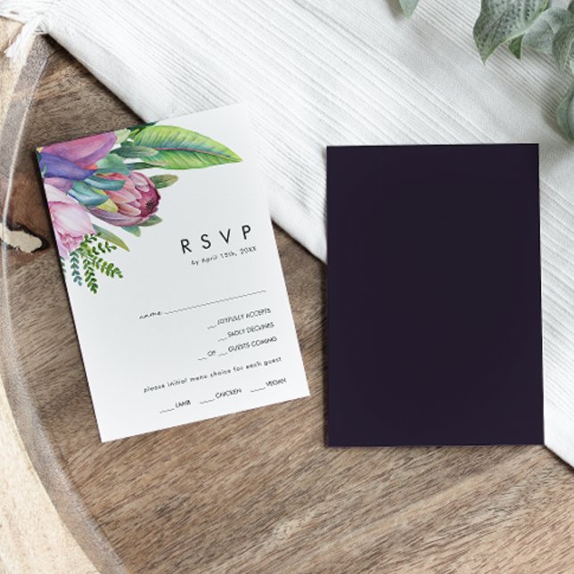 Farbenfrohe tropische Flora | UAWG zur Lila Menüau RSVP Karte (Von Creator hochgeladen)