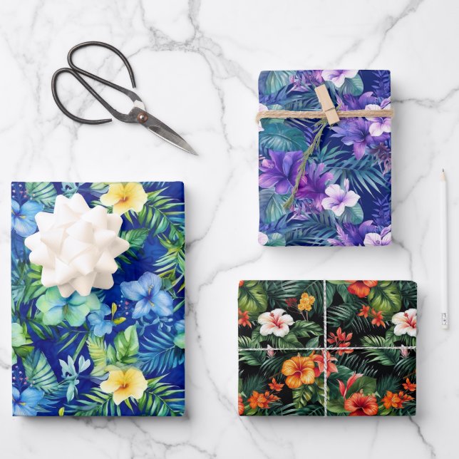 Farbenfrohe tropische Florals Geschenkpapier Set (Vorderseite)