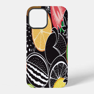 Farbenfrohe tropische Früchte, schwarzer Hintergru iPhone 12 Hülle