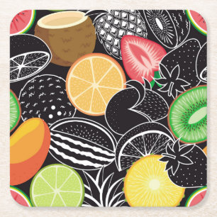 Farbenfrohe tropische Früchte, schwarzer Hintergru Rechteckiger Pappuntersetzer