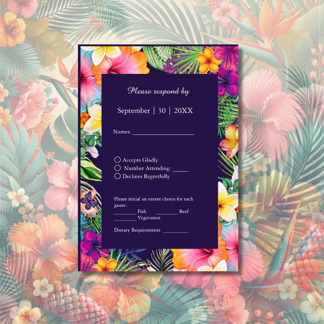 Farbenfrohe tropische hawaiianische Hochzeit RSVP Karte (Von Creator hochgeladen)