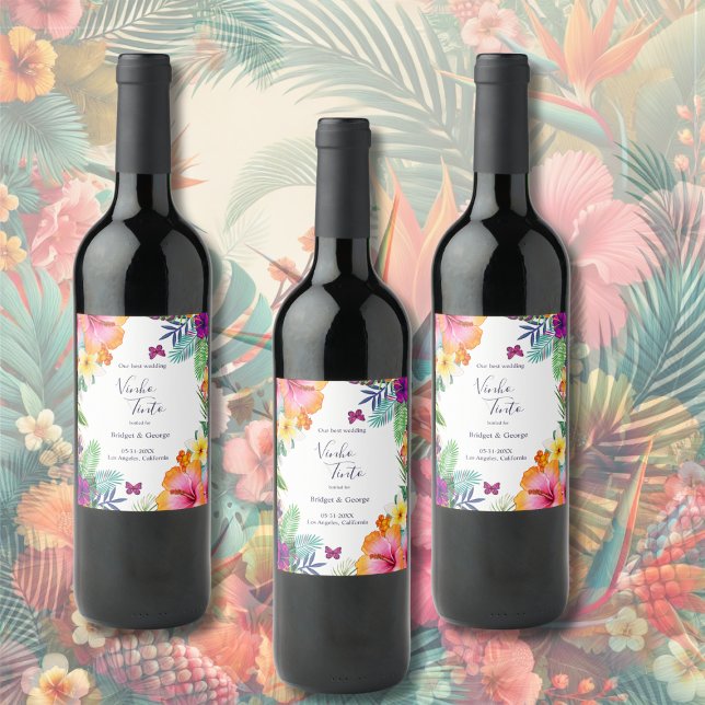 Farbenfrohe tropische hawaiianische Hochzeit Weinetikett (Von Creator hochgeladen)