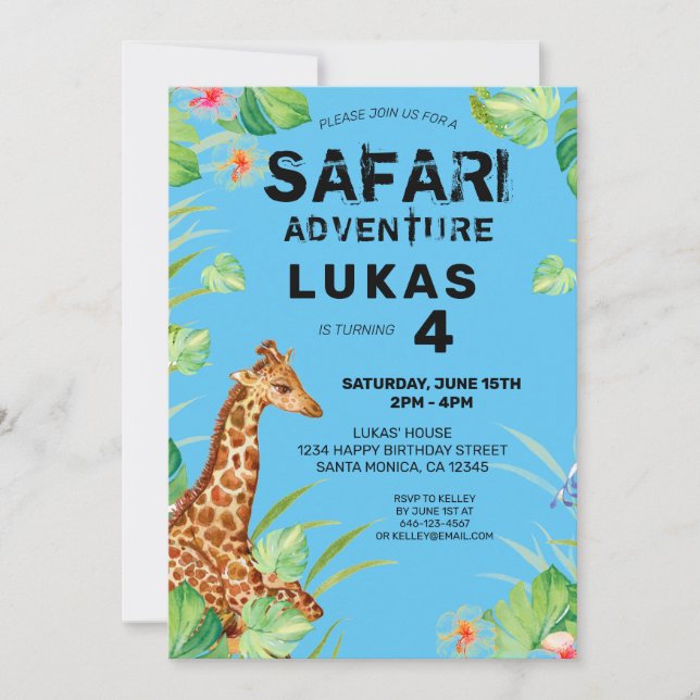 Farbenfrohe tropische Jungle Safari Giraffe Geburt Einladung (Vorderseite)