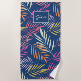 Farbenfrohe tropische Palm-Blätter auf Dunkelblau Strandtuch