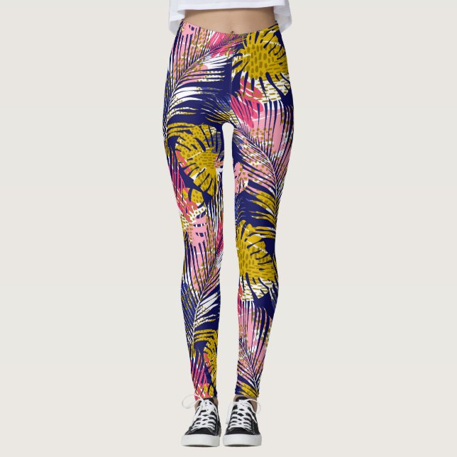 Farbenfrohe tropische Palmen, Abstrakte Cheetah Pr Leggings (Vorderseite)