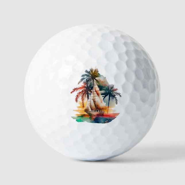 Farbenfrohe tropische Palmen und Segelboot Golf Ba Golfball (Vorderseite)