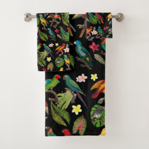 Farbenfrohe tropische Papageien, Blätter und Blume Badhandtuch Set