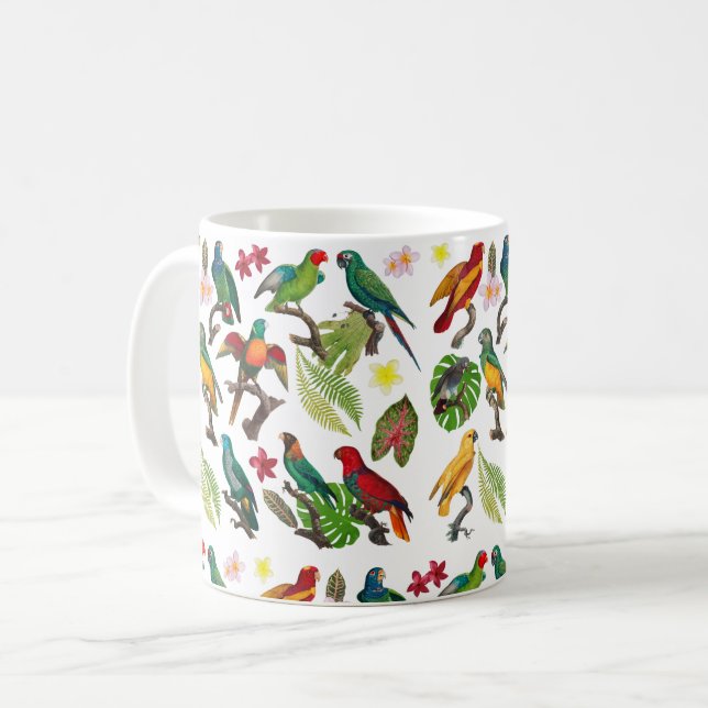 Farbenfrohe tropische Papageien, Blätter und Blume Kaffeetasse (Vorderseite Links)