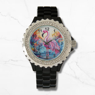 Farbenfrohe tropische Rosa Flamingo Elegante Fraue Armbanduhr