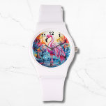 Farbenfrohe tropische Rosa Flamingo Elegante Fraue Armbanduhr<br><div class="desc">Die farbenfrohen Tropenrosa Flamingo Elegant Womans Watches bieten ein farbenfrohes tropisches Paradies mit einem rosa Flamingo,  umgeben von tropischen Blume. Erstellt von Evco Studio www.zazzle.com/store/evcostudio</div>