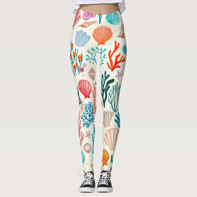 Farbenfrohe tropische Sommerkoralle Seashell Leggings (Vorderseite)