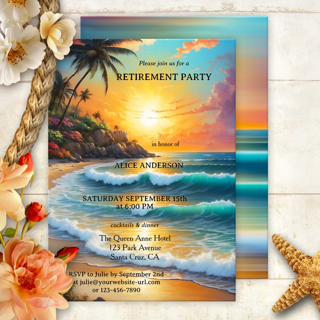 Farbenfrohe, tropische Sonnenuntergangshütte Einladung (Retirement party invitation featuring a colorful sunset on a tropical beach - travel - nautical)