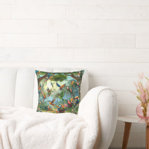 Farbenfrohe tropische Vögel unter lebendiger, üppi Kissen