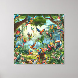 Farbenfrohe tropische Vögel unter lebendiger, üppi Leinwanddruck