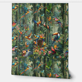 Farbenfrohe tropische Vögel unter lebendiger, üppi Tapete