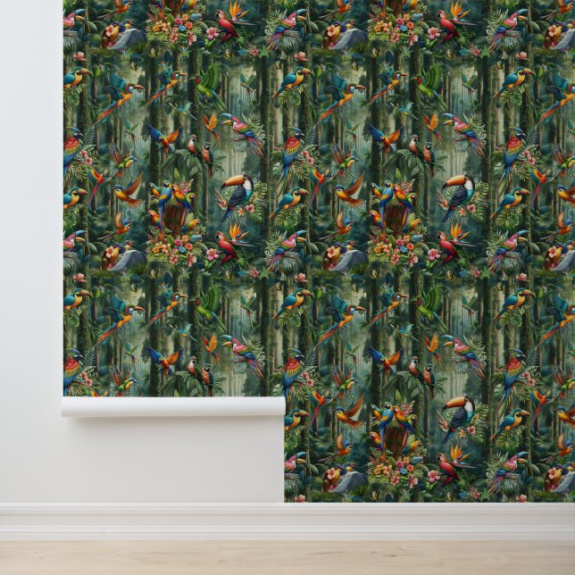 Farbenfrohe tropische Vögel unter lebendiger, üppi Tapete (Anwendung)