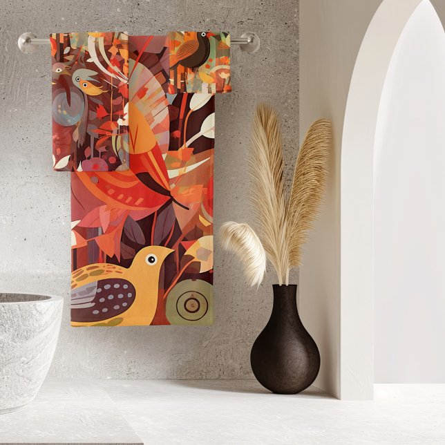 Farbenfrohe tropische Vogelart Badhandtuch Set (A colorful fantasy bathroom towel set featuring an abstract artistic design with tropical birds)