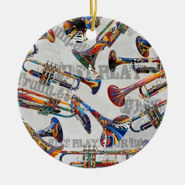 Farbenfrohe Trumpet Ornament, Trumpet Xmas Juleez Keramik Ornament (Vorne)