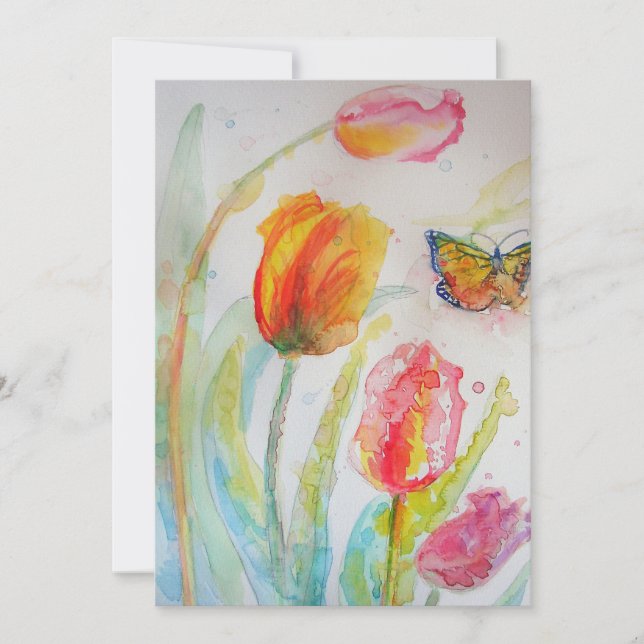 Farbenfrohe Tulip Butterfly Aquarellkarte Karte (Vorderseite)