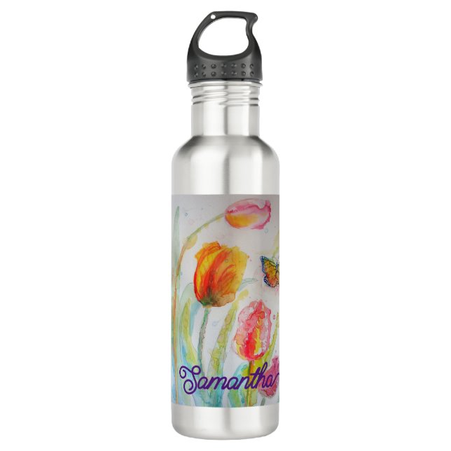 Farbenfrohe Tulip Butterfly Wasserfarbe individuel Edelstahlflasche (Vorderseite)