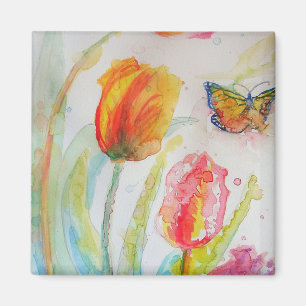Farbenfrohe Tulip und Butterfly Wasserfarben Blume Magnet