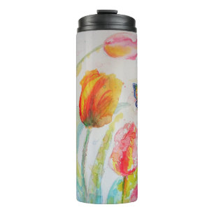 Farbenfrohe Tulip und Butterfly Wasserfarbene Blum Thermosbecher