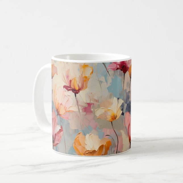 Farbenfrohe Tulips Wasserfarbenes Muster Kaffeetasse (Vorderseite Links)
