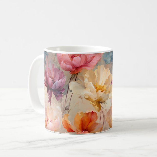 Farbenfrohe Tulips Wasserfarbenes Muster Kaffeetasse (Vorderseite Links)
