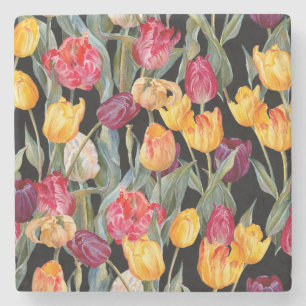 Farbenfrohe Tulpen, abgeschiedener schwarzer Hinte Steinuntersetzer