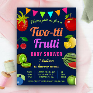 Farbenfrohe Tutti Frutti Twins Kinderdusche Einladungspostkarte