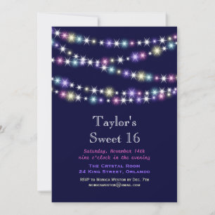 Farbenfrohe Twinkle Lights auf Navy Sweet 16 Einla Einladung
