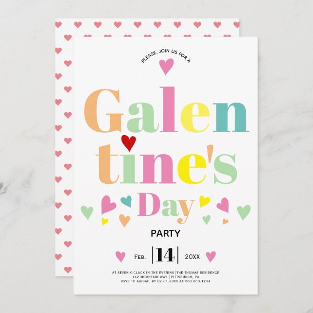 Farbenfrohe typografische Herzen Galentines Day Pa Einladung (Vorne/Hinten)