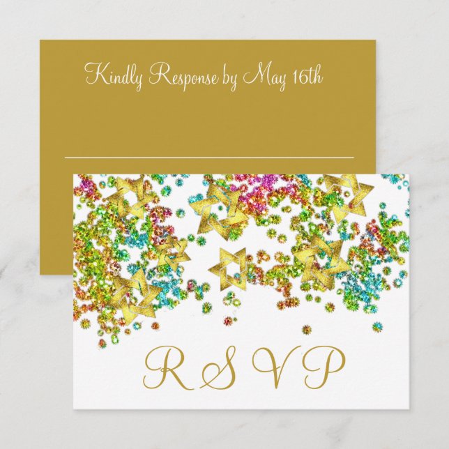 Farbenfrohe UAWG Gold Star Glittery Confetti RSVP Karte (Vorne/Hinten)