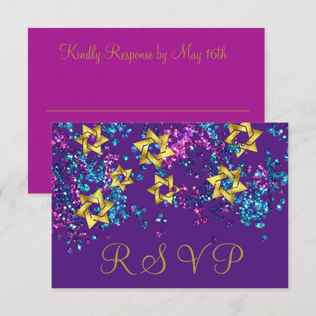 Farbenfrohe UAWG Gold Star Glittery Confetti RSVP Karte (Vorne/Hinten)